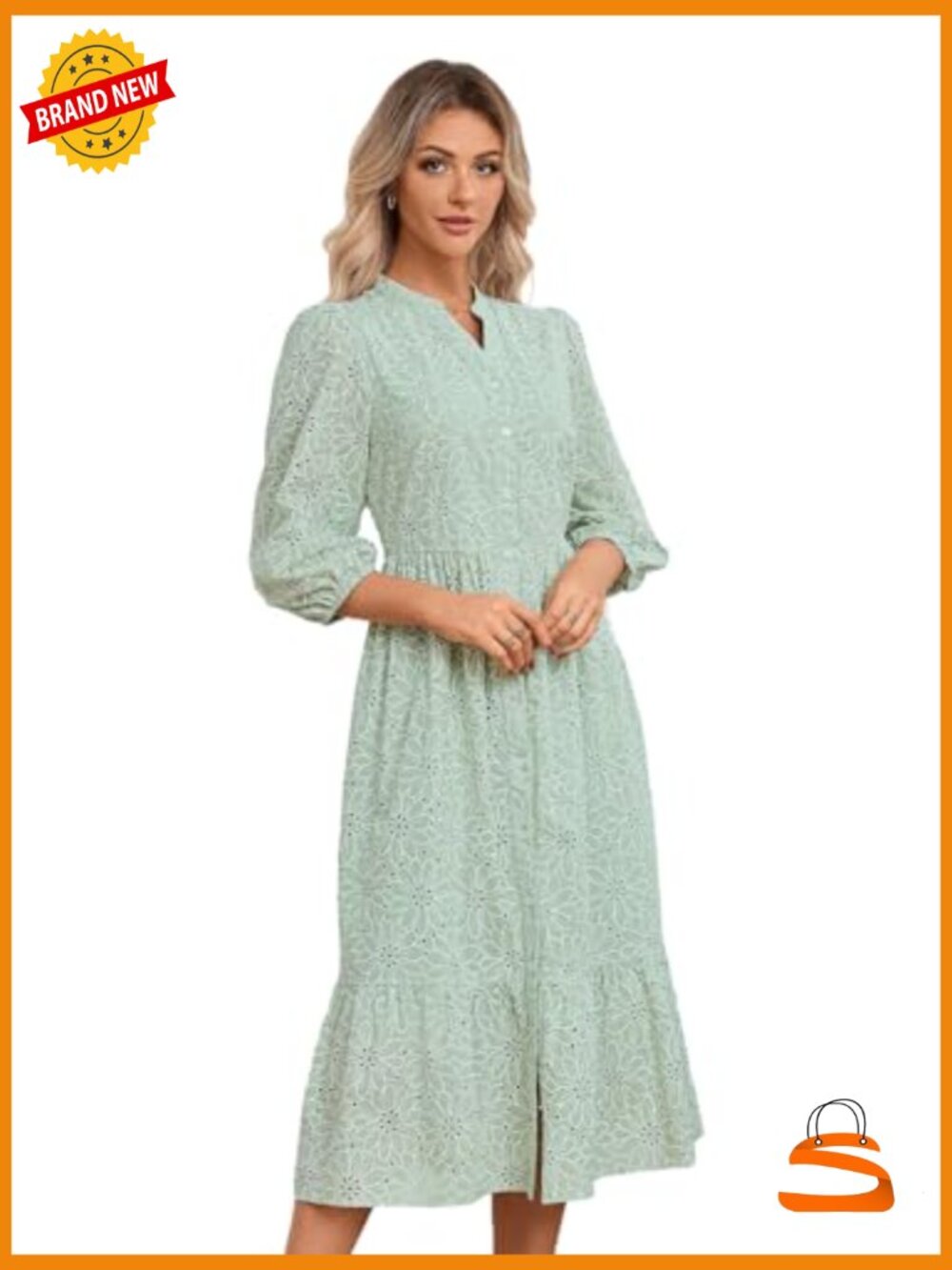 Boho Floral Lace Eyelet Midi Dress 3/4 Sleeve V-Neck Button - Picture 4 of 7